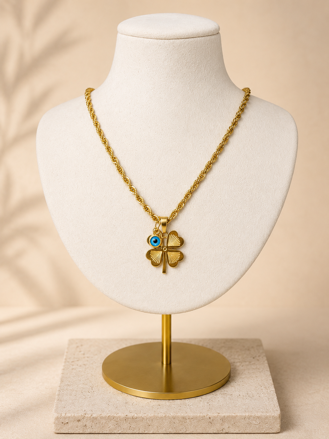 Gold lucky clover evil eye necklace