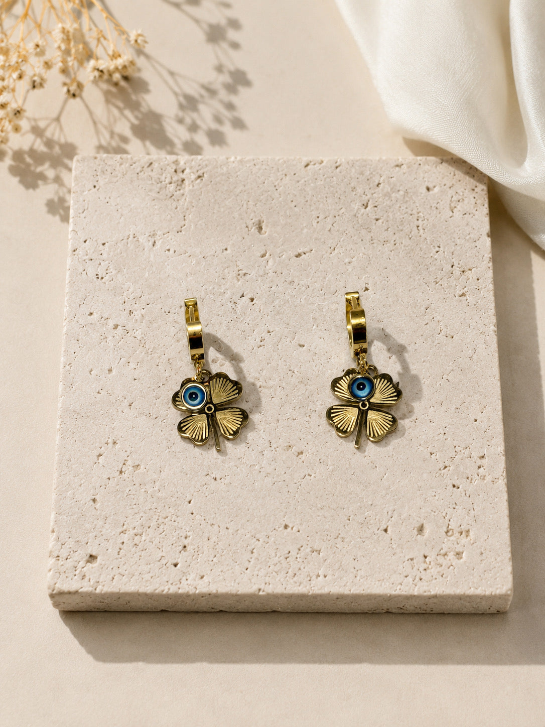 Lucky gold clover evil eye hoop earrings